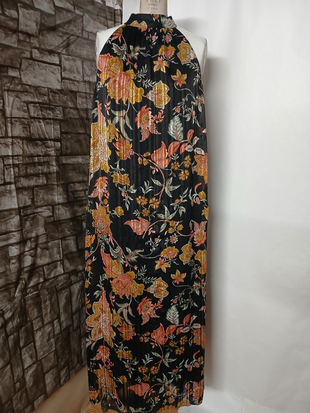 Sara Michelle Black Floral Halter Maxi Dress with Coral and Mustard Accents